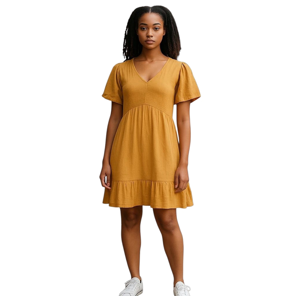 Zattcas V Neck Knee Length Dress Women 2XL Gold Smocked Flutter Sleeve Aline